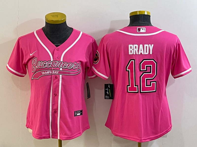 Women's Tampa Bay Buccaneers #12 Tom Brady Pink With Patch Cool Base Stitched Baseball Jersey(Run Small)